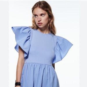 ZARA Mixed Fabric Flutter Sleeve Midi Dress